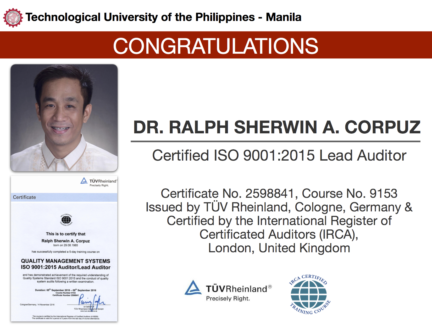 TUPM QMR Passes IRCA ISO 9001:2015 Lead Auditor Certification