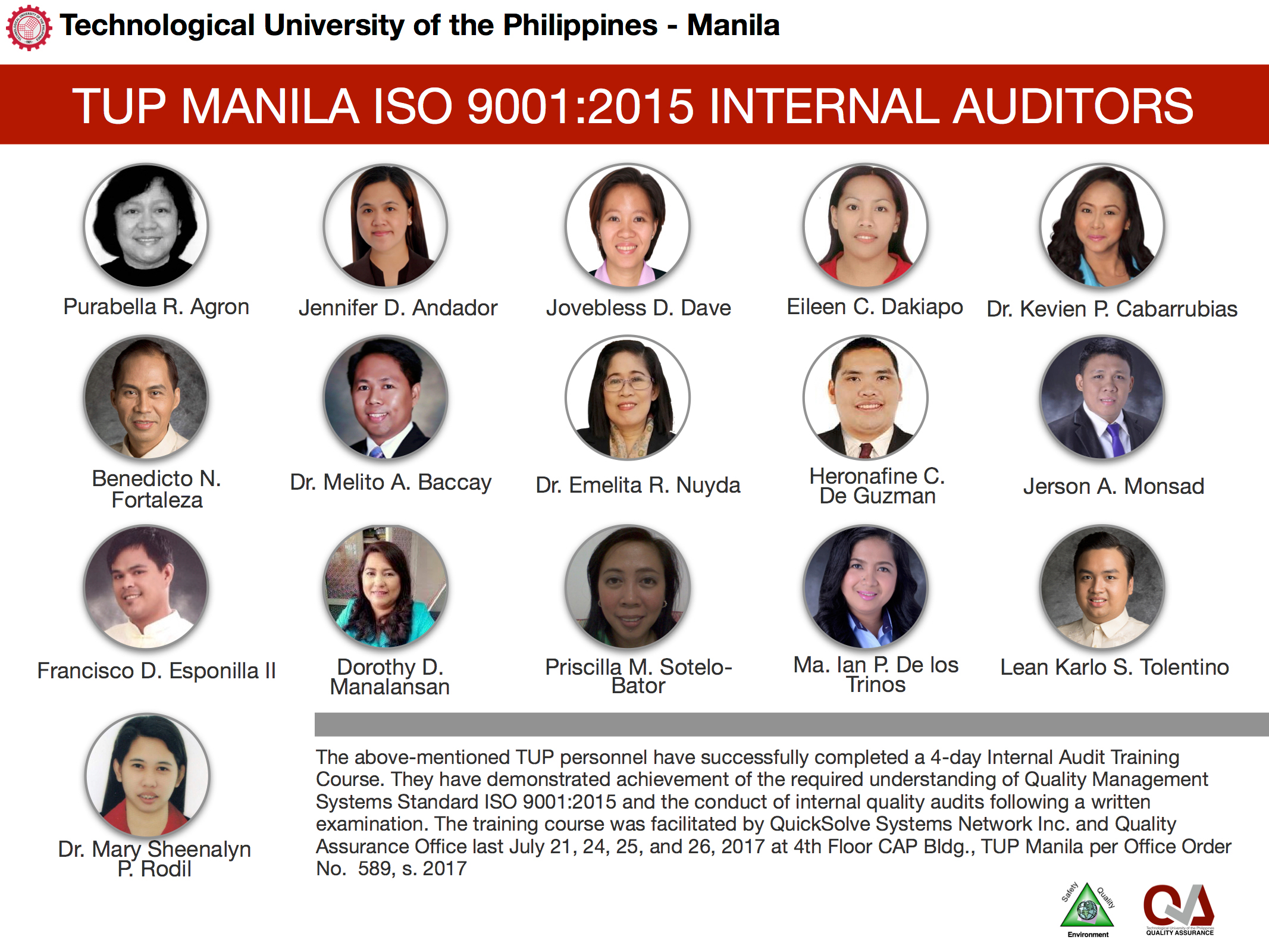 TUPM Identifies Sixteen (16) Certified ISO 9001:2015 Internal Auditors